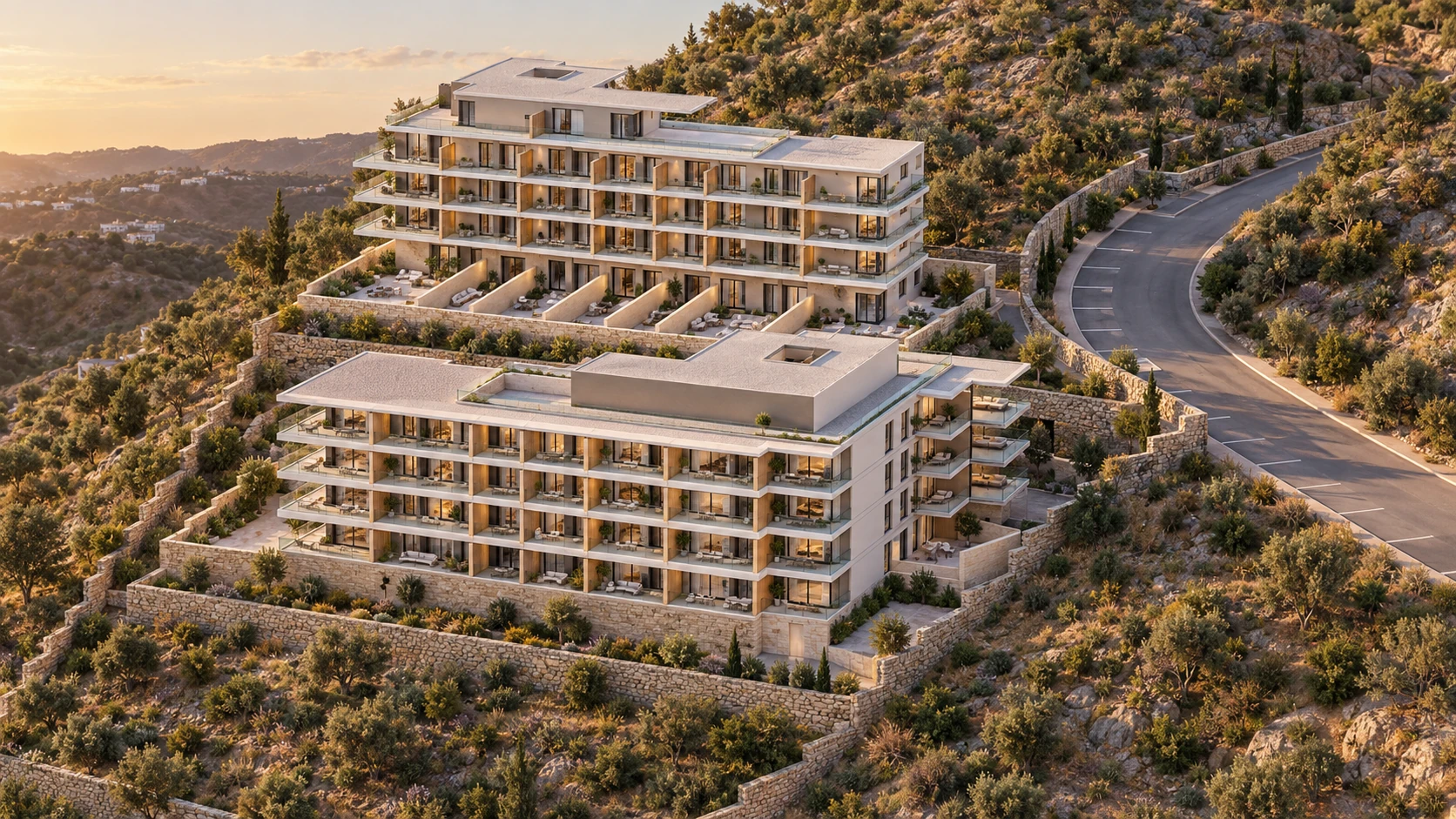 Render conceptual al atardecer de Mirador del Agua, con arquitectura escalonada y terrazas en una ladera